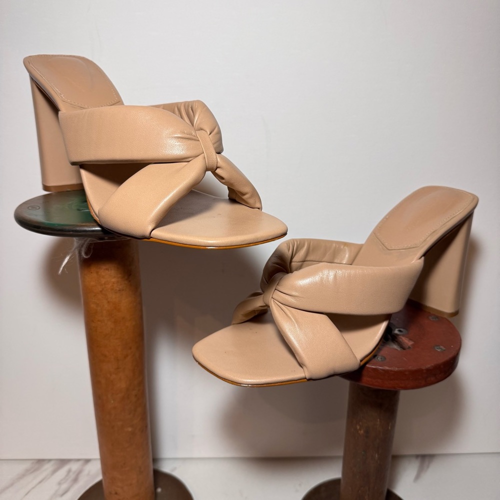 SCHUTZ Fairy High Leather Puff Strap Knotted Heeled Sandals NUDE / SIZE 10B
